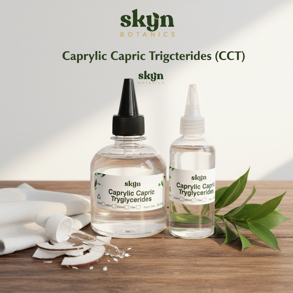 SKYNBotanics Premium Caprylic Capric Triglycerides bottles with botanical logo, product name and subtle watermark