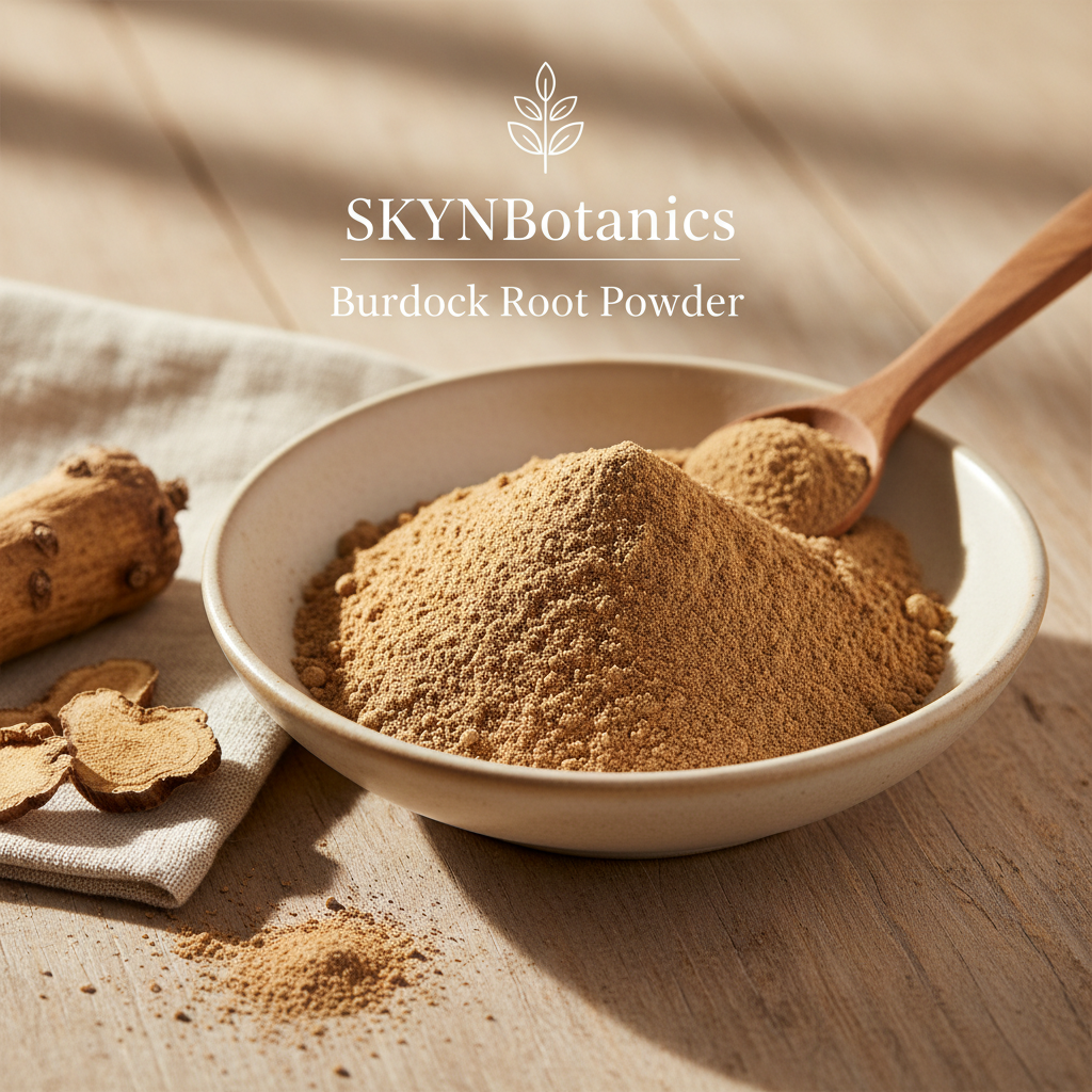 SKYNBotanics Premium Burdock Root Powder in elegant bowl with botanical logo and product name