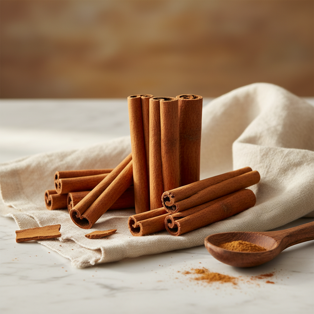 Premium Ceylon cinnamon sticks arranged on natural surface showing delicate layers and golden-brown color