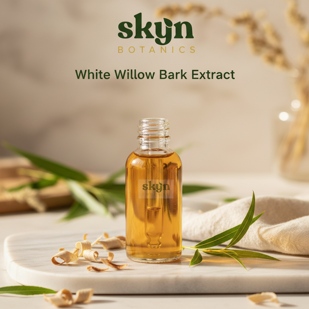 SKYNBotanics Premium White Willow Bark Liquid Extract with botanical logo, product name and subtle watermark