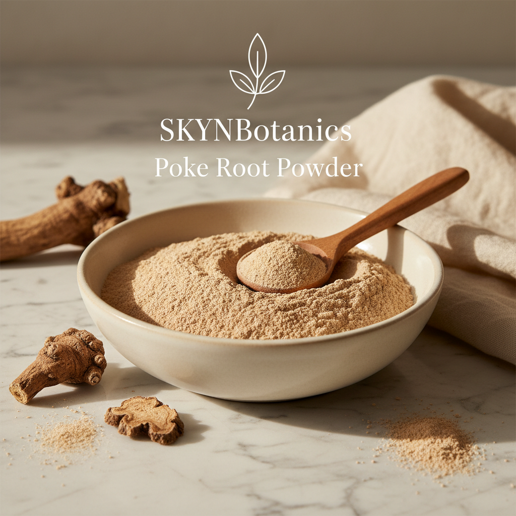 SKYNBotanics Premium Poke Root Powder in elegant bowl with botanical logo and product name
