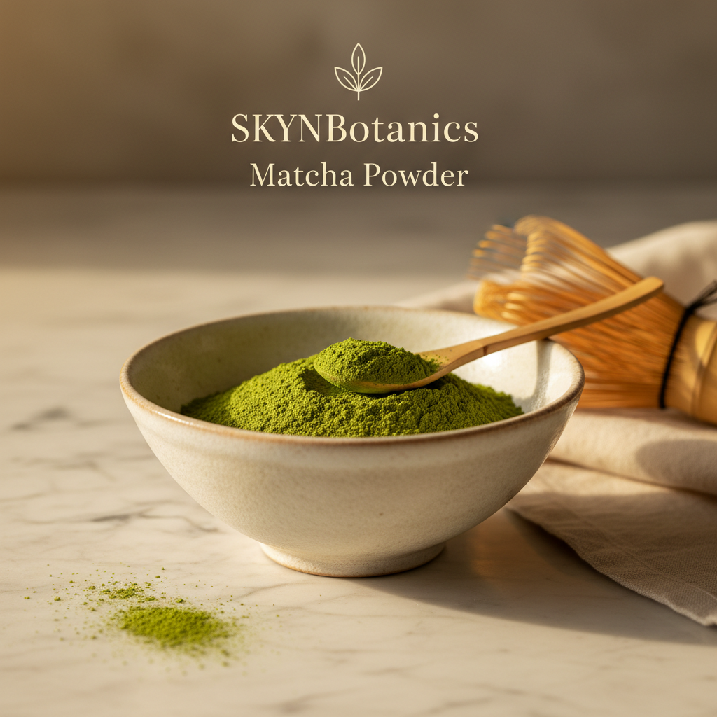 SKYNBotanics Premium Matcha Powder in elegant bowl with botanical logo and product name