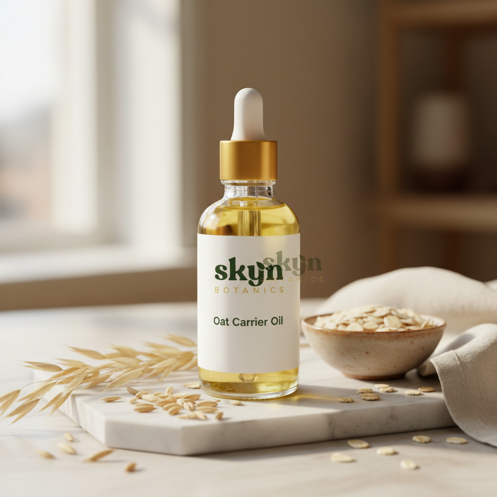 SKYNBotanics Premium Oat Carrier Oil with botanical logo, product name and subtle watermark