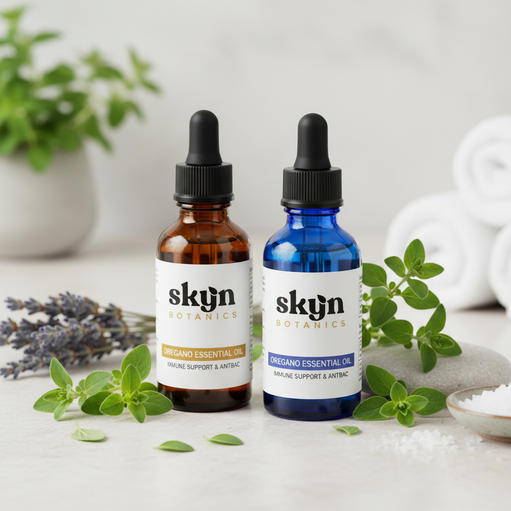 Oregano Essential Oil with SKYNBotanics Logo