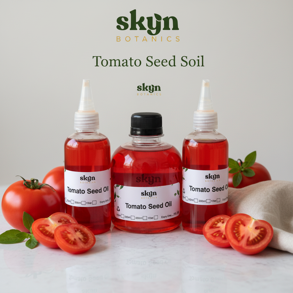 SKYNBotanics Premium Tomato Seed Oil bottles with vibrant red-orange color, botanical logo, product name and subtle watermark