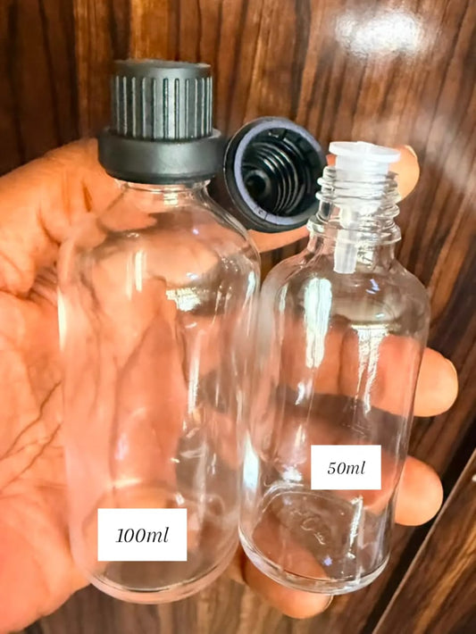50ml transparent glass bottle with black caps