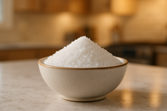 a bowl of fine grain white dead sea salt sitting on a counter top with a kitchen backdrop thats blurry