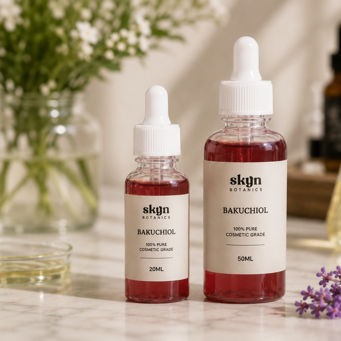 Two glass dropper bottles of skyn BOTANICS Bakuchiol, one 20mL and one 50mL, filled with deep pinkish-red liquid, displayed on a marble surface with botanical props.