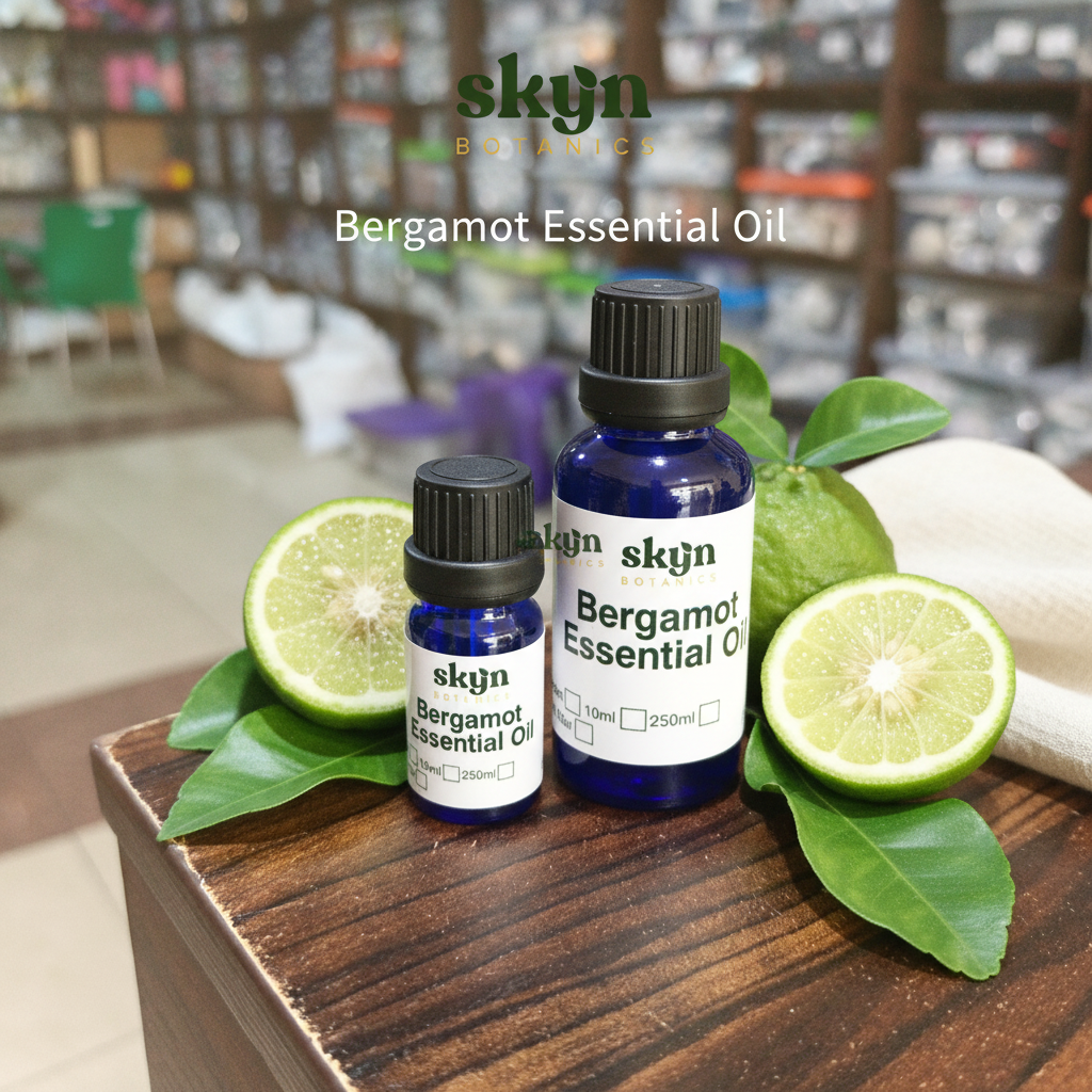 SKYNBotanics Premium Bergamot Essential Oil bottles with botanical logo, product name and subtle watermark