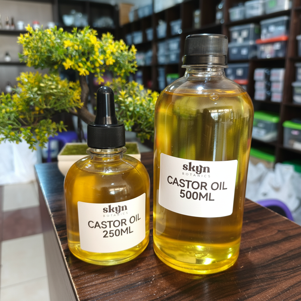 SKYN Botanics Castor Oil 250ml and 500ml bottles with natural styling