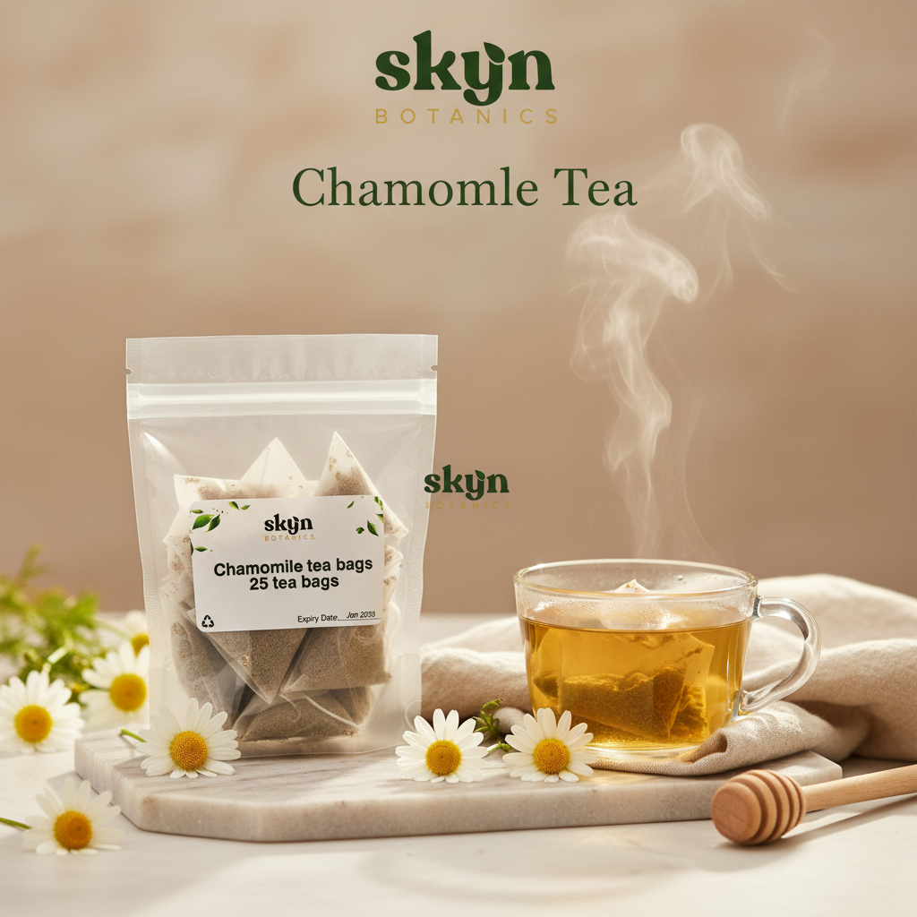 SKYNBotanics Premium Chamomile Tea - 25 herbal tea bags with brewed cup, logo and subtle watermark