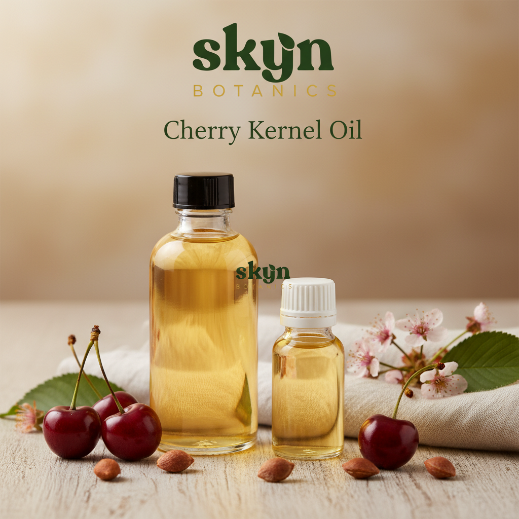 SKYNBotanics Premium Cherry Kernel Oil with botanical logo, product name and subtle watermark