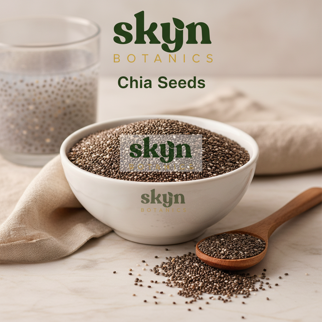 SKYNBotanics Premium Chia Seeds with botanical logo, product name and subtle watermark