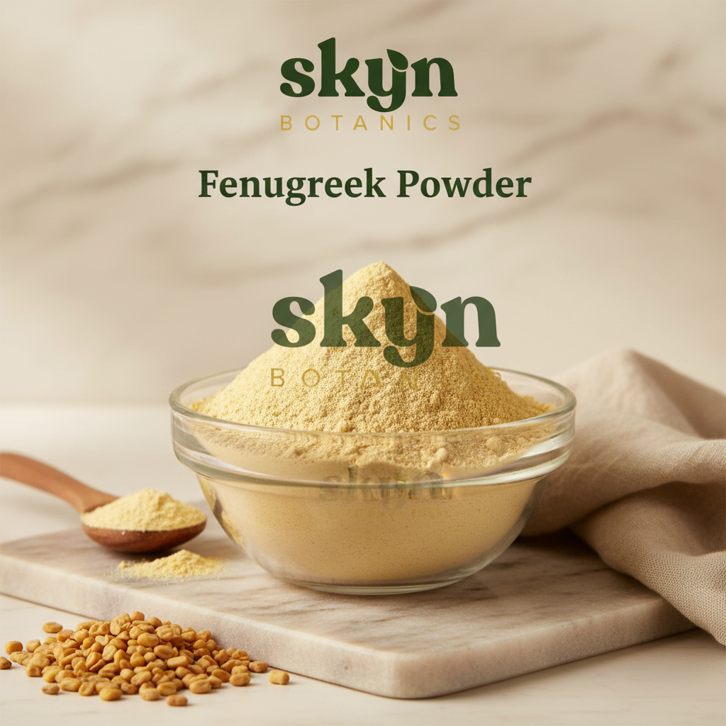 SKYNBotanics Premium Fenugreek Powder with botanical logo, product name and subtle watermark