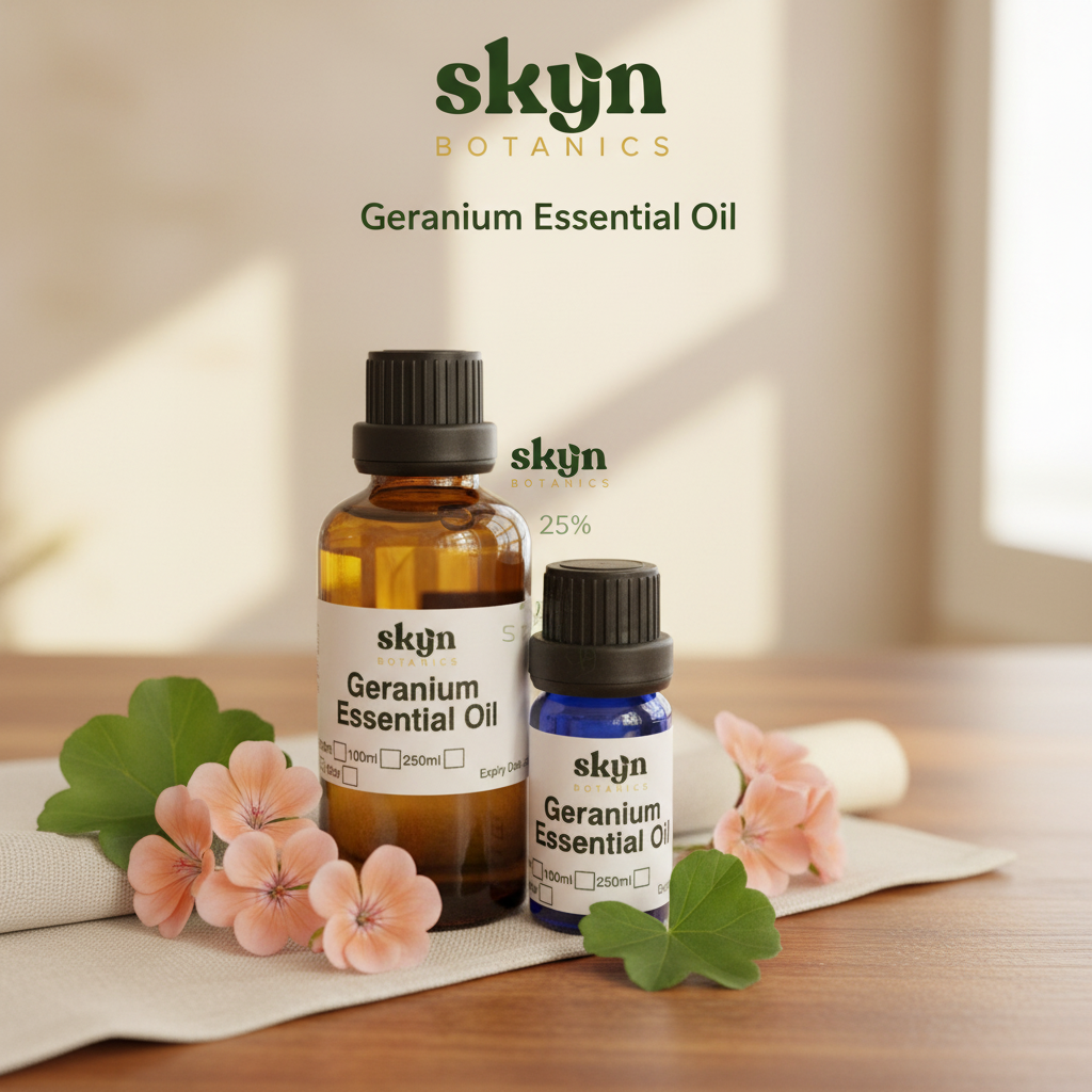 SKYNBotanics Premium Geranium Essential Oil bottles with botanical logo, product name and subtle watermark