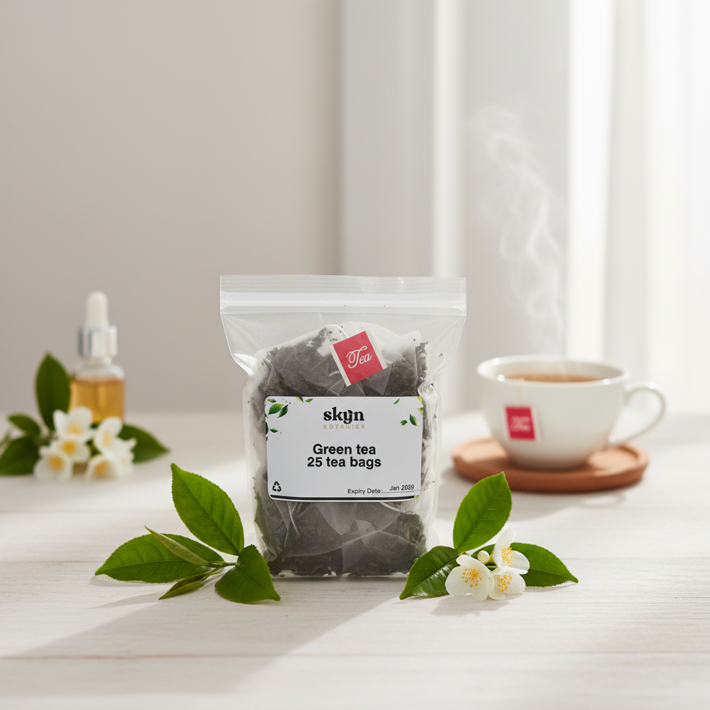 Green Tea Package Standing Lifestyle Image