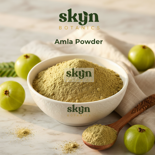 SKYNBotanics Premium Amla Powder with botanical logo, product name and subtle watermark