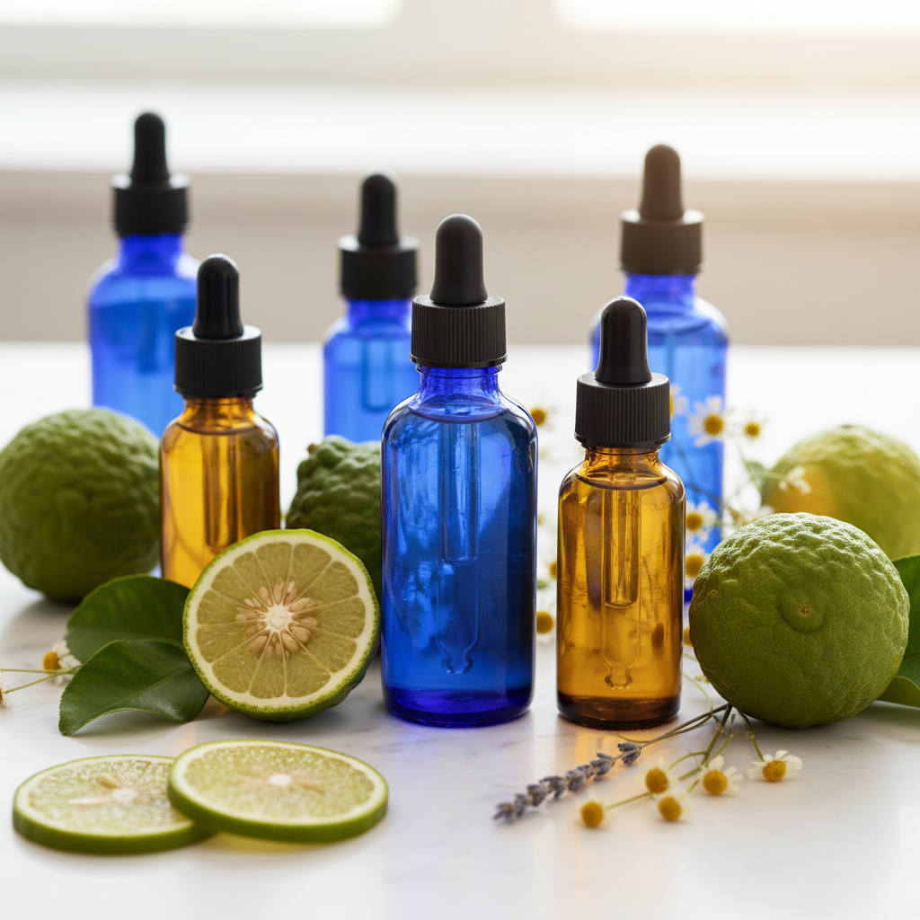 Bergamot Essential Oil with fresh bergamot citrus - mood elevation and stress relief