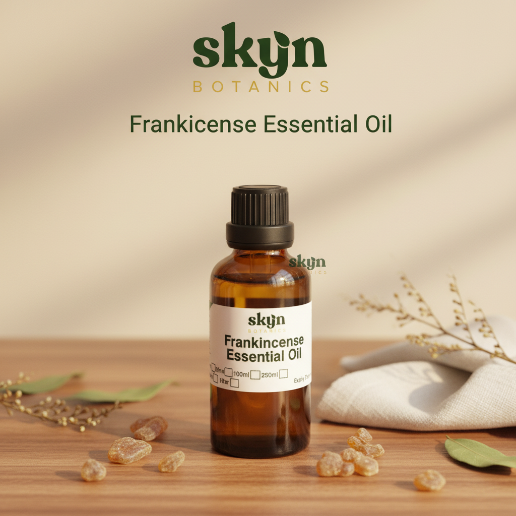 SKYNBotanics Premium Frankincense Essential Oil bottle with botanical logo, product name and subtle watermark