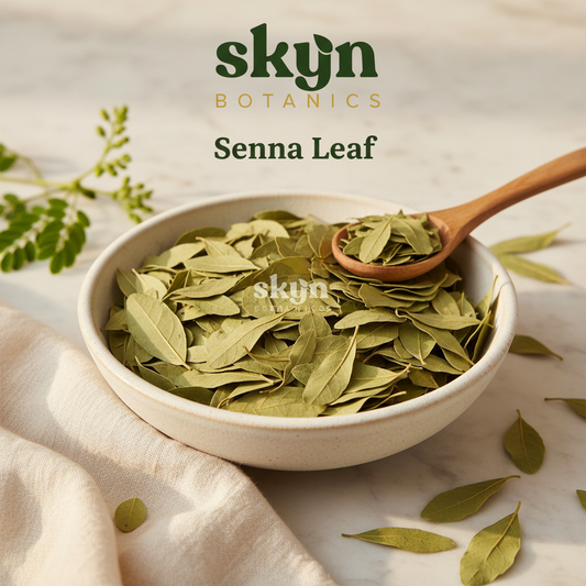 SKYNBotanics Premium Senna Leaf with botanical logo, product name and subtle watermark