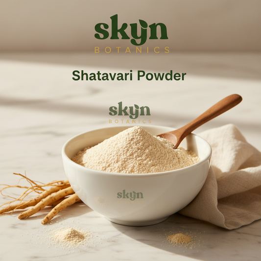 SKYNBotanics Premium Shatavari Powder with botanical logo, product name and subtle watermark