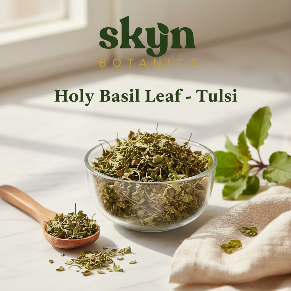 SKYNBotanics Premium Holy Basil Leaf (Tulsi) with botanical logo and product name