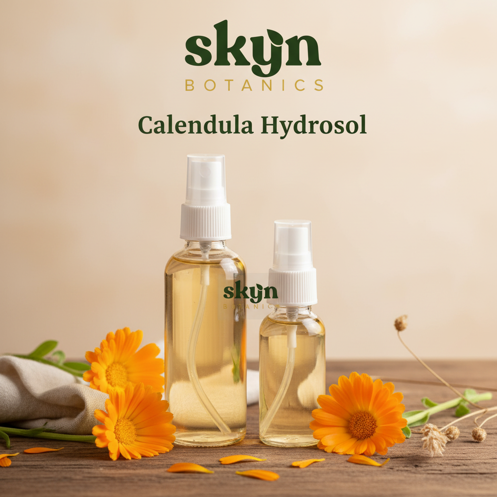SKYNBotanics Premium Calendula Hydrosol with botanical logo, product name and subtle watermark