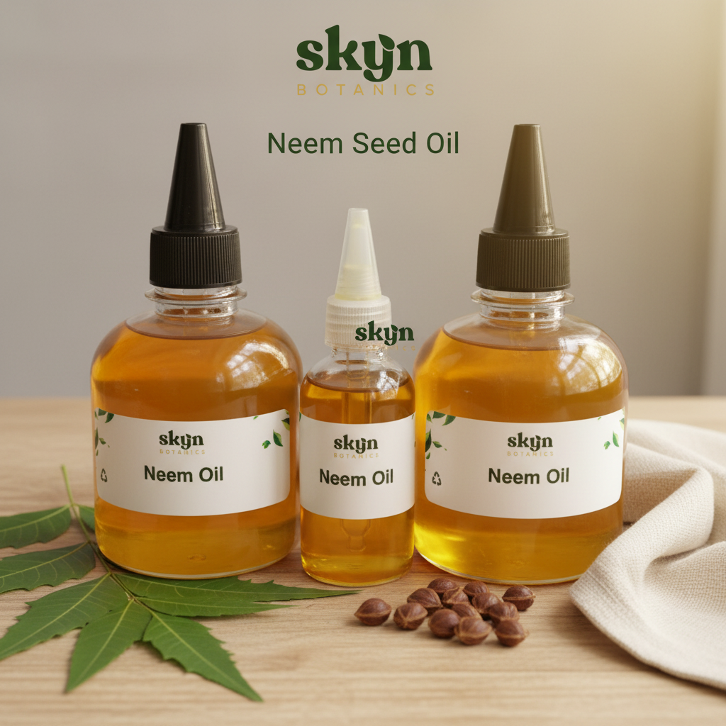 SKYNBotanics Premium Neem Seed Oil bottles with botanical logo, product name and subtle watermark