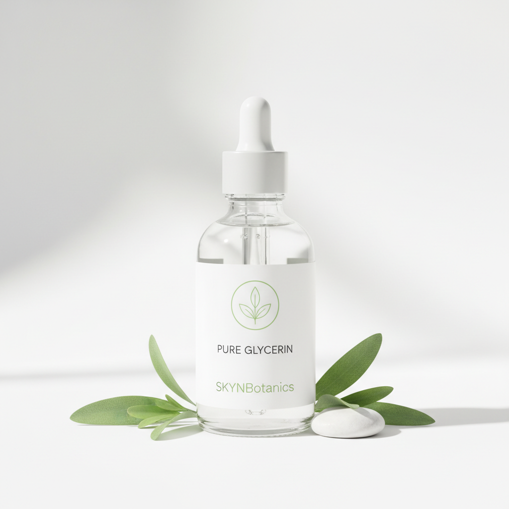 Pure glycerin in a clear glass bottle — premium humectant for skincare and soap making by SKYNBotanics