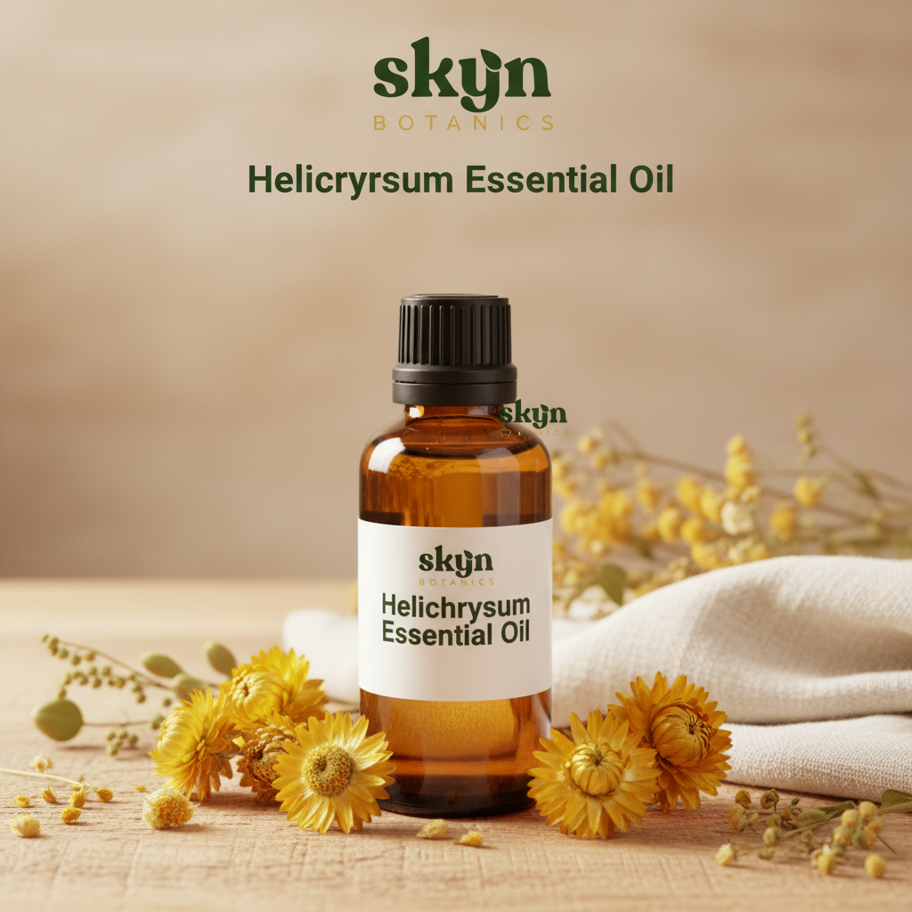 SKYNBotanics Premium Helichrysum Essential Oil bottle with botanical logo, product name and subtle watermark