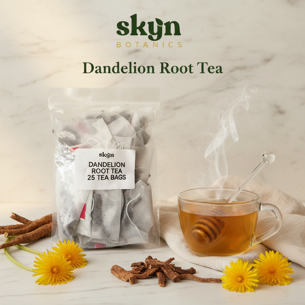SKYNBotanics Premium Dandelion Root Tea - 25 herbal tea bags with brewed cup
