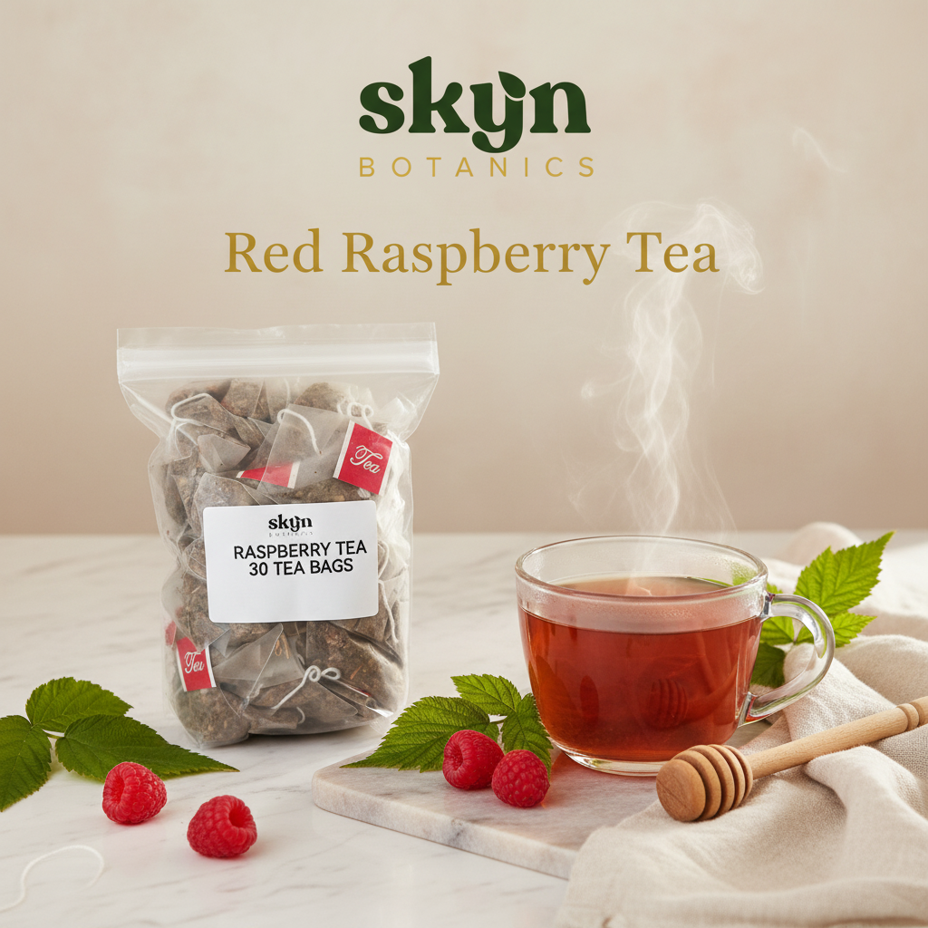 SKYNBotanics Premium Red Raspberry Leaf Tea - 30 herbal tea bags with brewed cup
