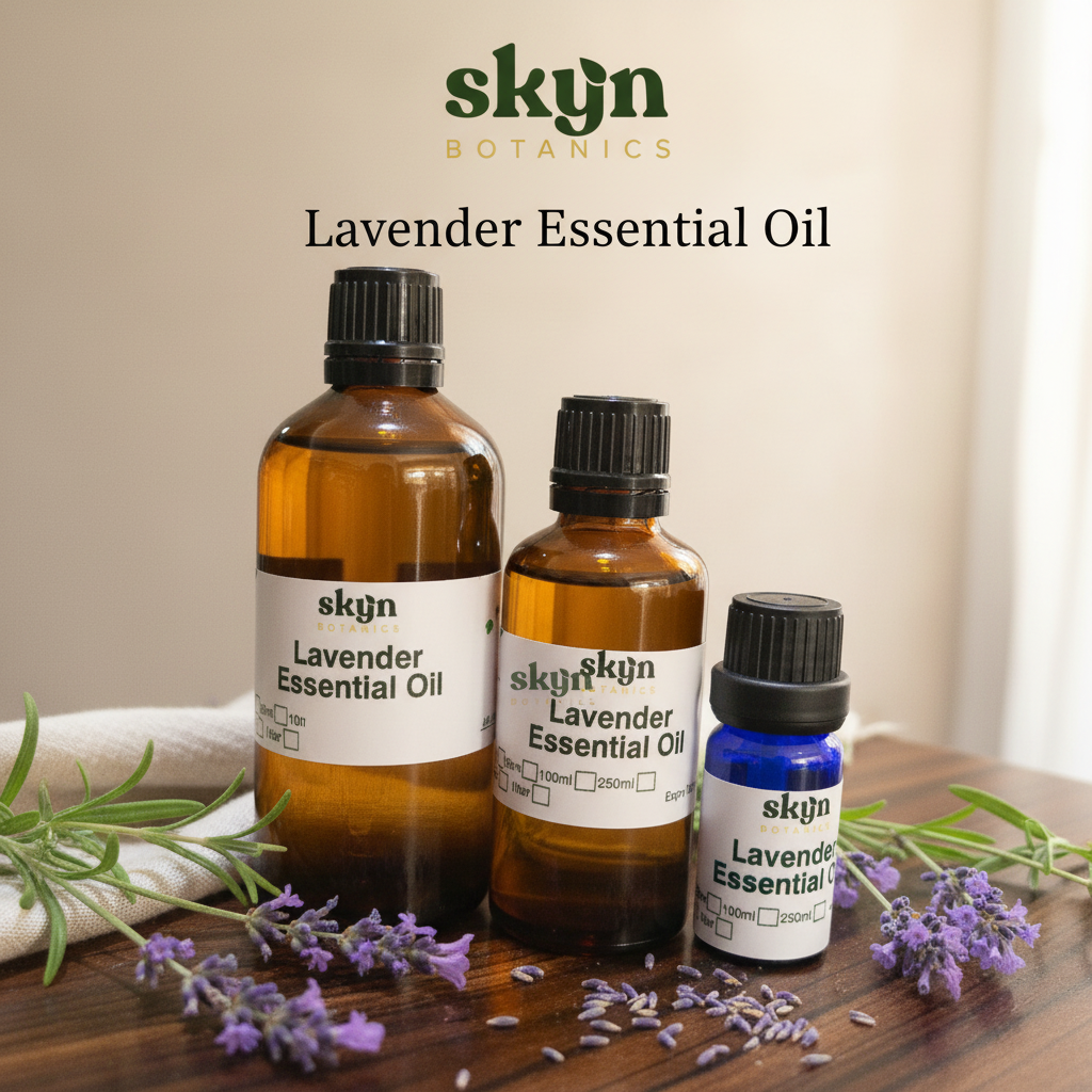 SKYNBotanics Premium Lavender Essential Oil bottles with botanical logo, product name and subtle watermark