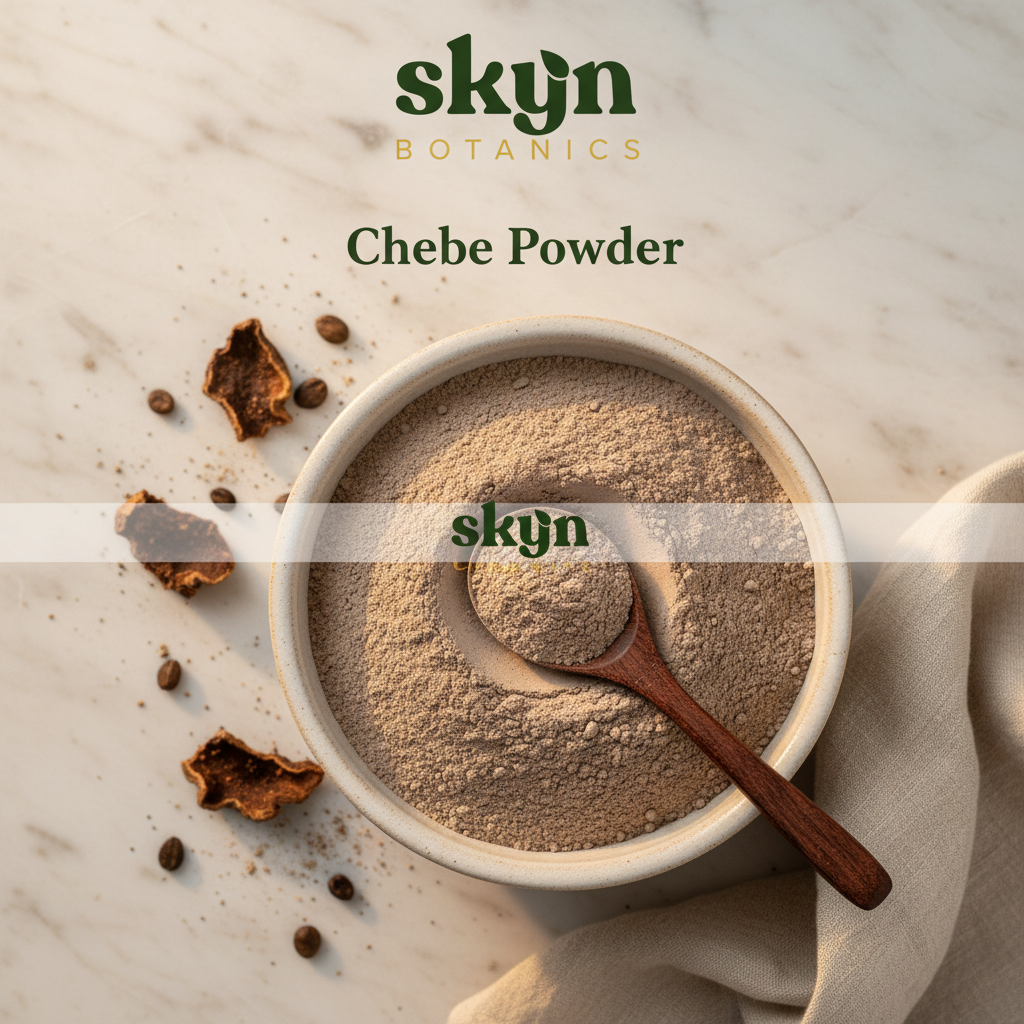 SKYNBotanics Premium Chebe Powder with botanical logo, product name and subtle watermark