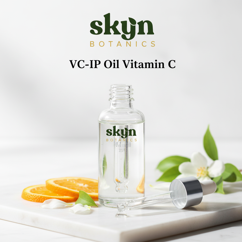 SKYNBotanics VC-IP Oil Vitamin C - clear liquid dropper bottle with botanical logo and subtle watermark