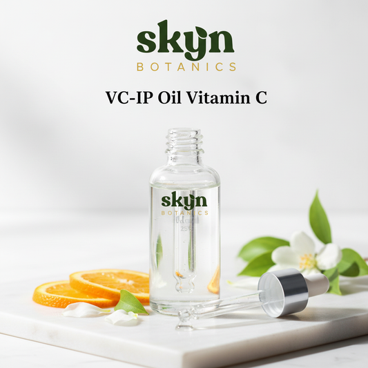 SKYNBotanics VC-IP Oil Vitamin C - clear liquid dropper bottle with botanical logo and subtle watermark