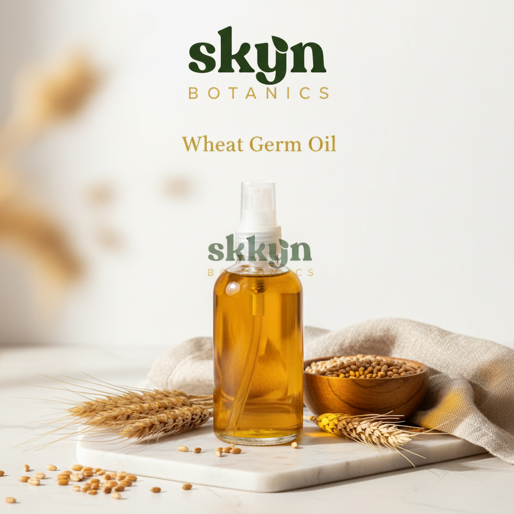 SKYNBotanics Premium Wheat Germ Oil with botanical logo, product name and subtle watermark