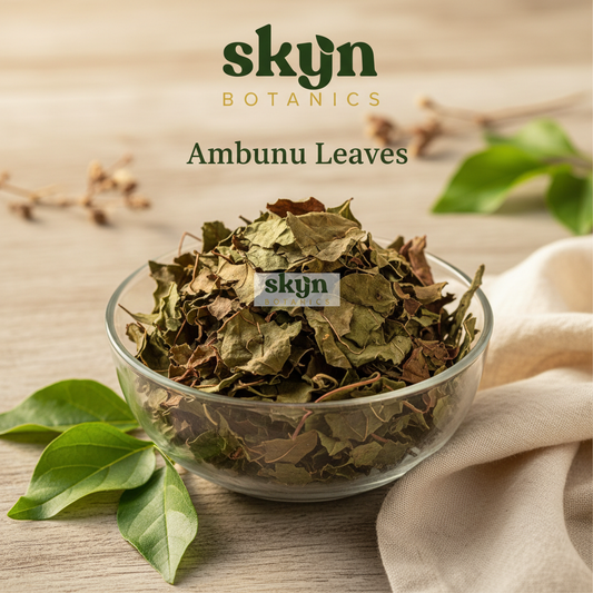 SKYNBotanics Premium Ambunu Leaves with botanical logo, product name and subtle watermark
