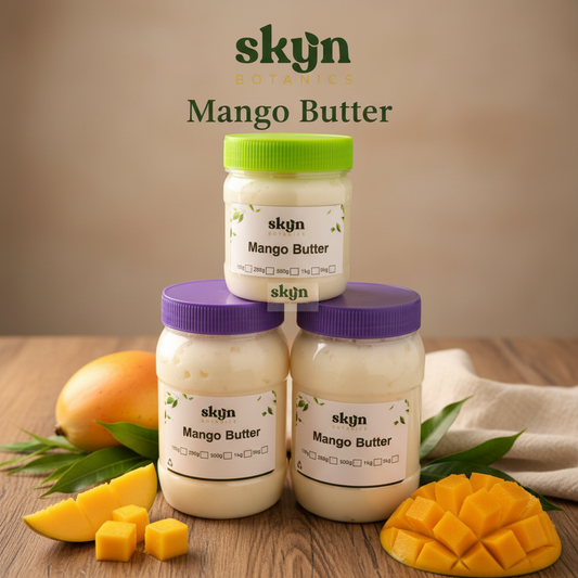 SKYNBotanics Premium Mango Butter jars with botanical logo, product name and subtle watermark