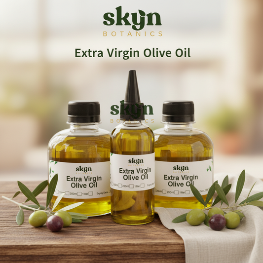 SKYNBotanics Premium Extra Virgin Olive Oil bottles with botanical logo, product name and subtle watermark