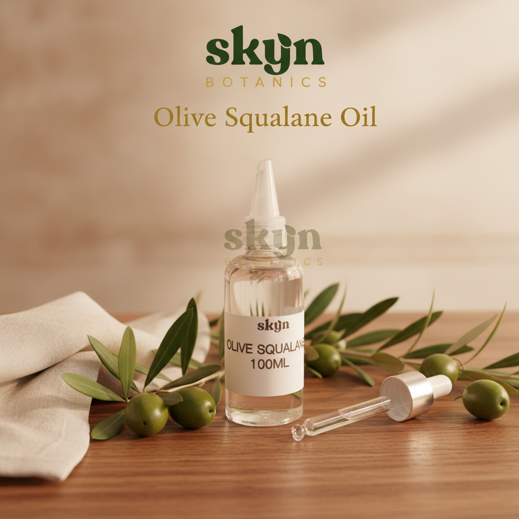 SKYNBotanics Premium Olive Squalane Oil bottle with botanical logo, product name and subtle watermark
