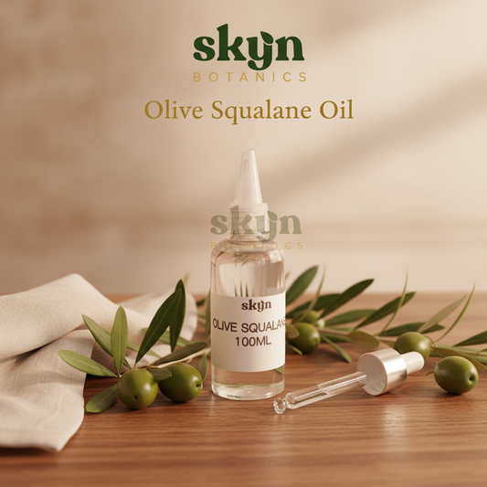 SKYNBotanics Premium Olive Squalane Oil bottle with botanical logo, product name and subtle watermark