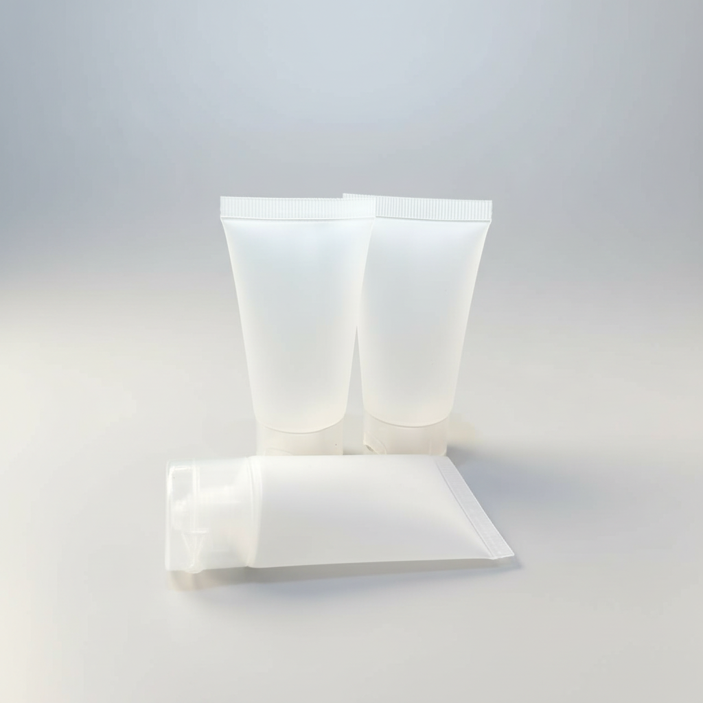 Optimized white frosted cosmetic packaging on neutral background