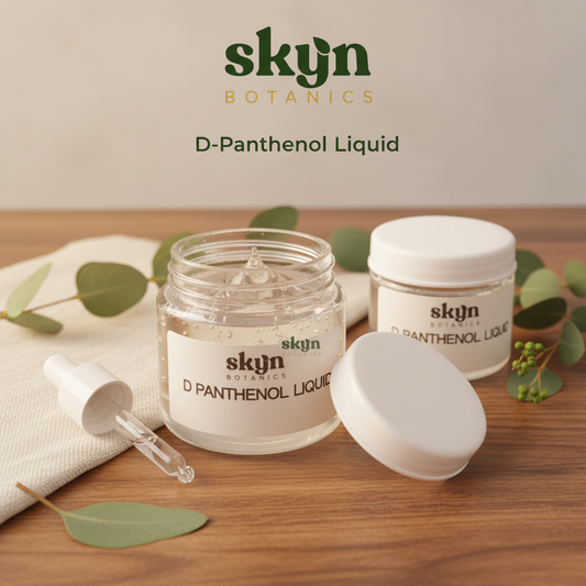 SKYNBotanics Premium D-Panthenol Liquid jars with visible clear liquid, botanical logo, product name and subtle watermark