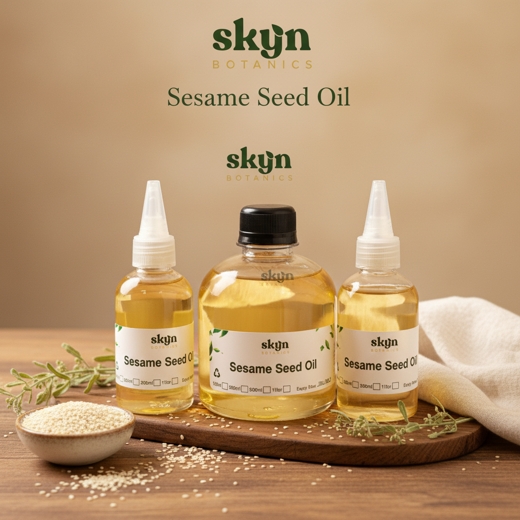 SKYNBotanics Premium Sesame Seed Oil bottles with botanical logo, product name and subtle watermark