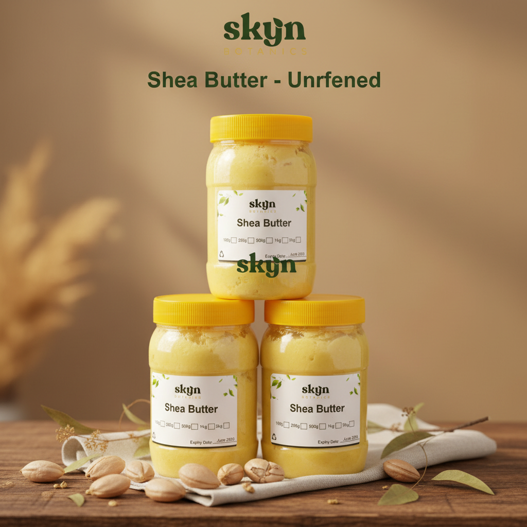 SKYNBotanics Premium Unrefined Shea Butter jars with botanical logo, product name and subtle watermark