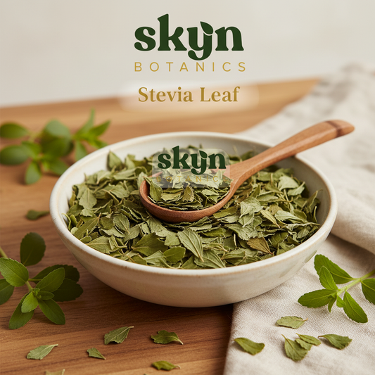 SKYNBotanics Premium Stevia Leaf with botanical logo, product name and subtle watermark