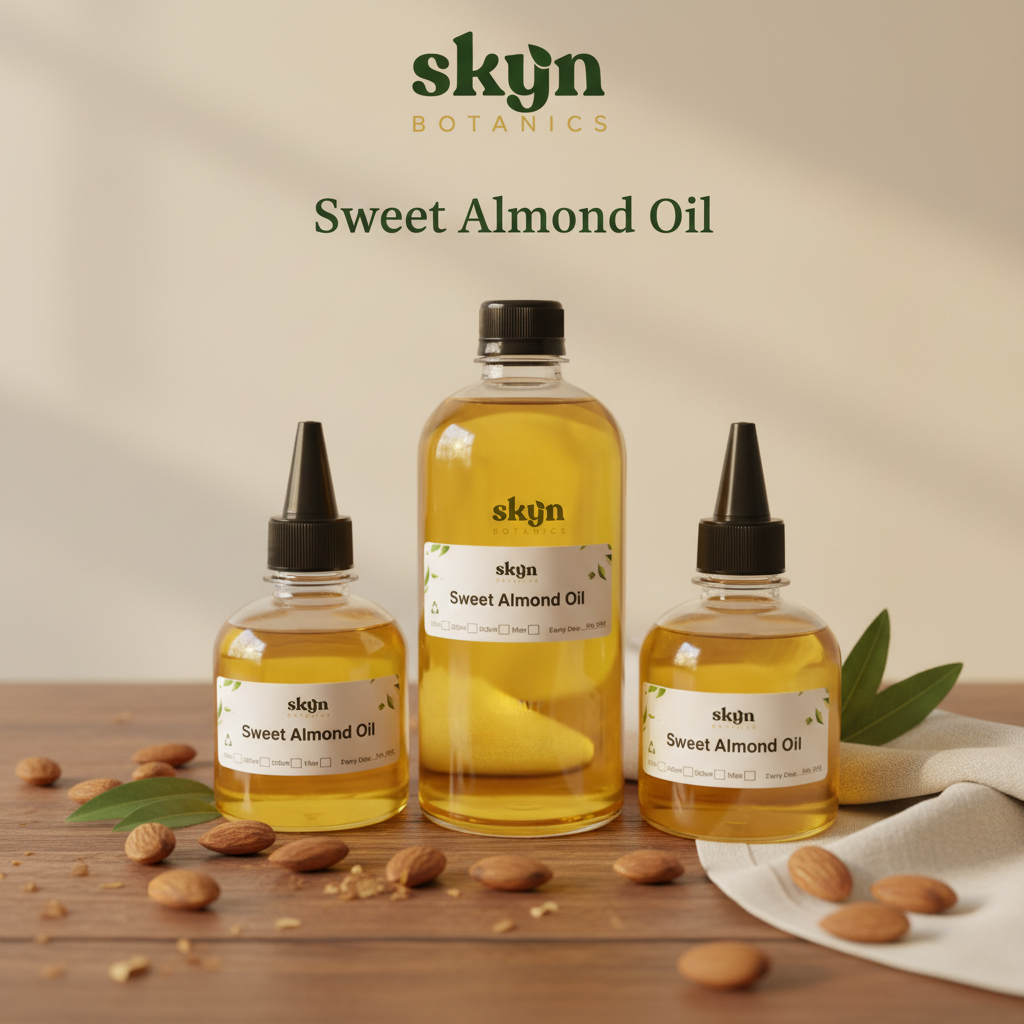 SKYNBotanics Premium Sweet Almond Oil bottles with botanical logo, product name and subtle watermark